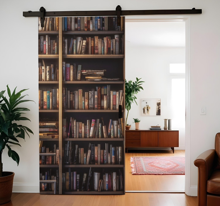 Sticker porte Étagères de bibliothèque de près - TenStickers