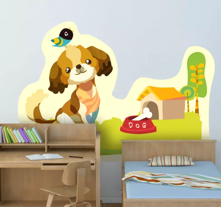 Sticker enfant chien dans jardin - TenStickers