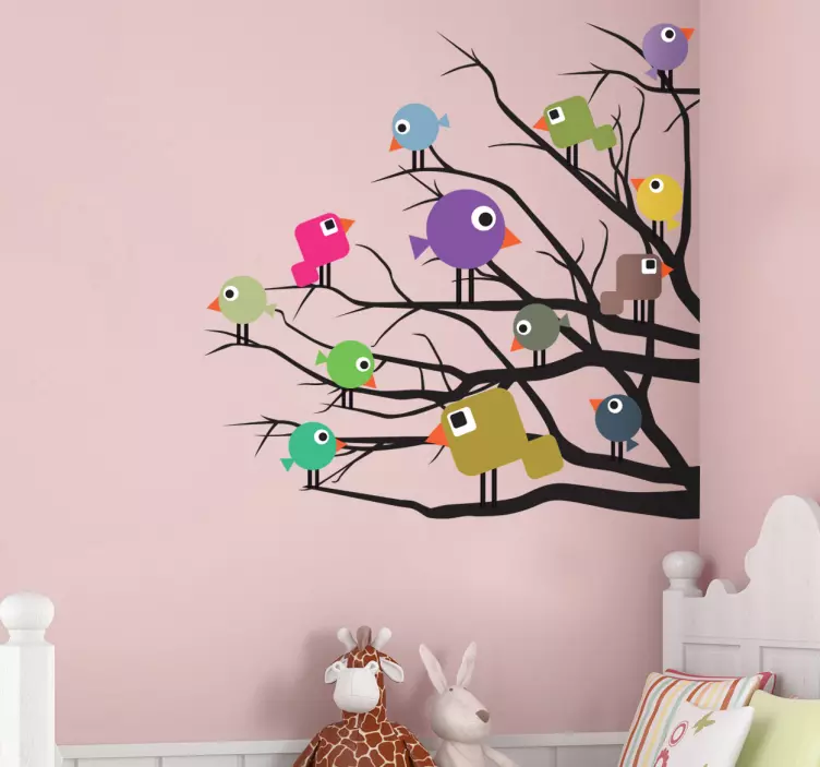 Sticker enfant oiseaux colorés branches arbre - TenStickers