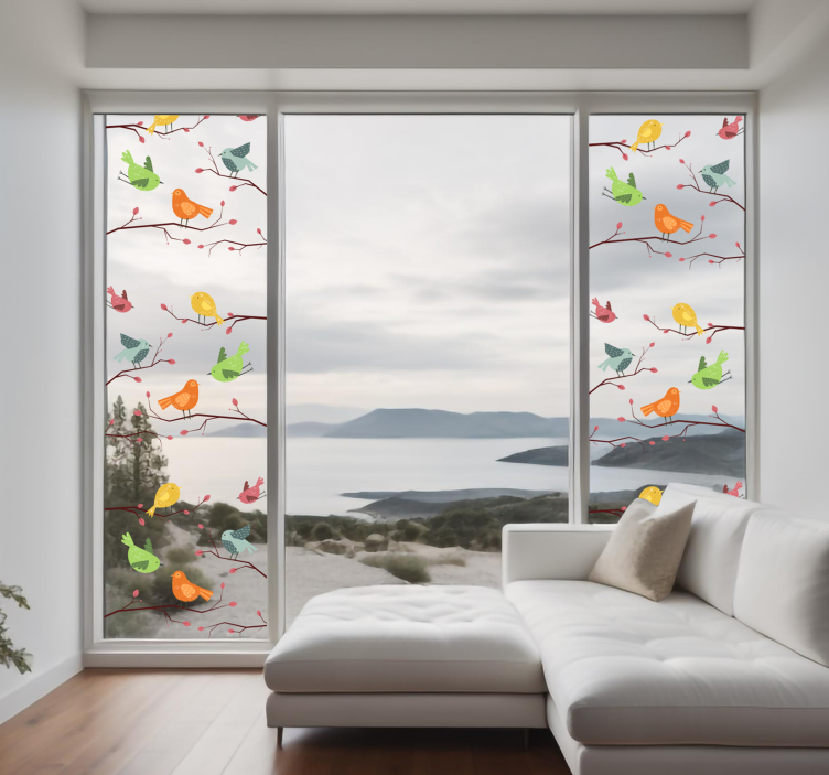 Sticker fenêtre oiseaux sur une branche rose - TenStickers