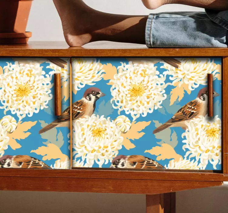Adhésif meuble oiseaux chrysanthèmes - TenStickers