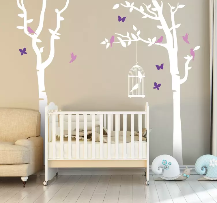 Sticker mural arbre papillons et oiseaux - TenStickers
