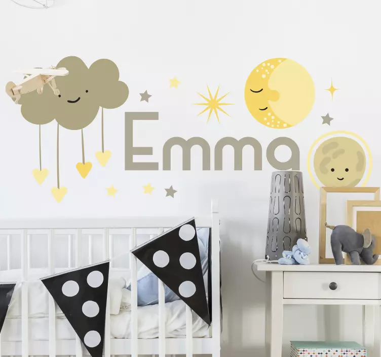 Sticker Espace Nuage, soleil et nom personnalisable - TenStickers