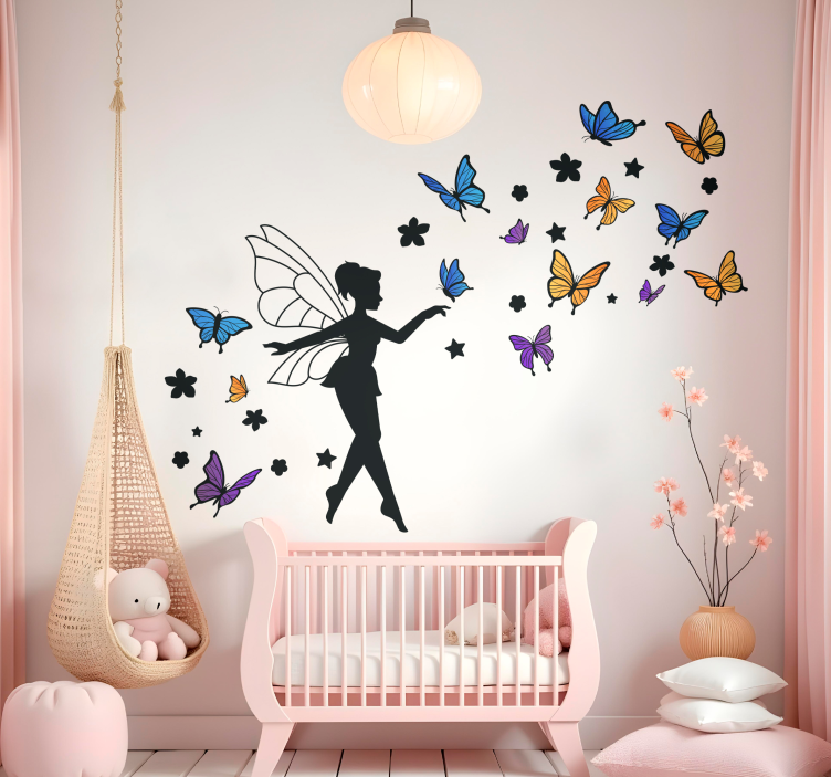 Sticker mural fée colorée avec des papillons - TenStickers
