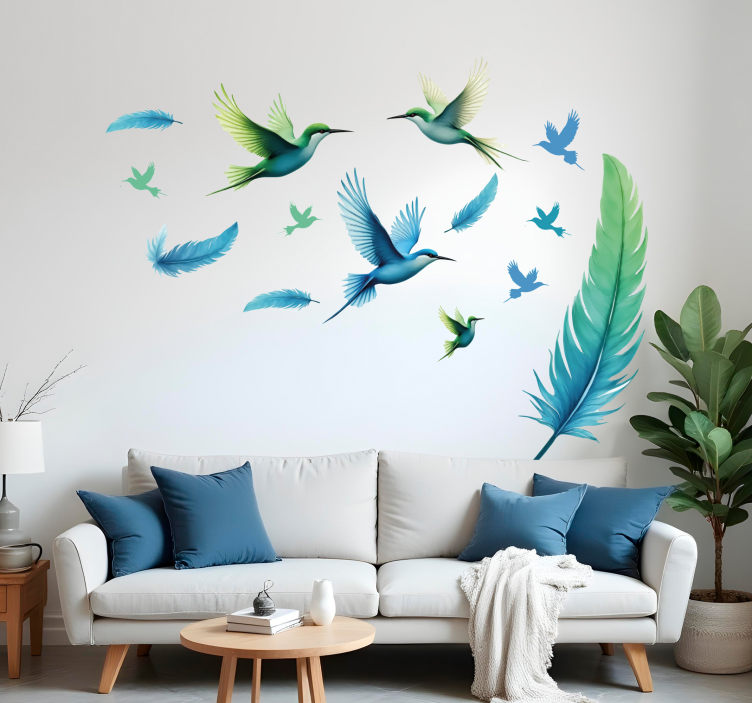 Sticker mural plumes bleues avec des oiseaux - TenStickers