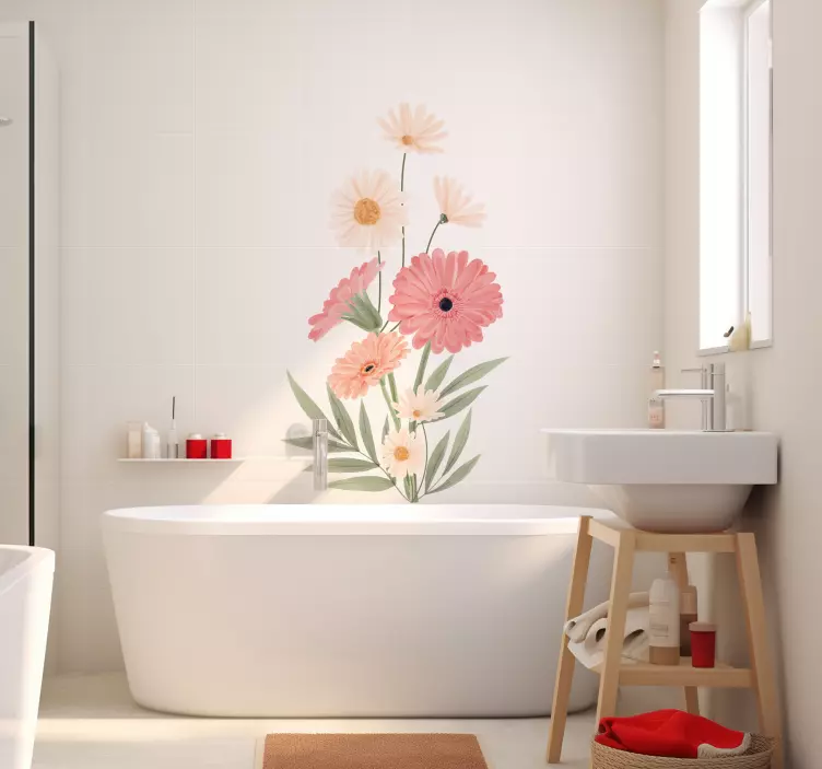 Sticker salle de bain marguerites roses - TenStickers
