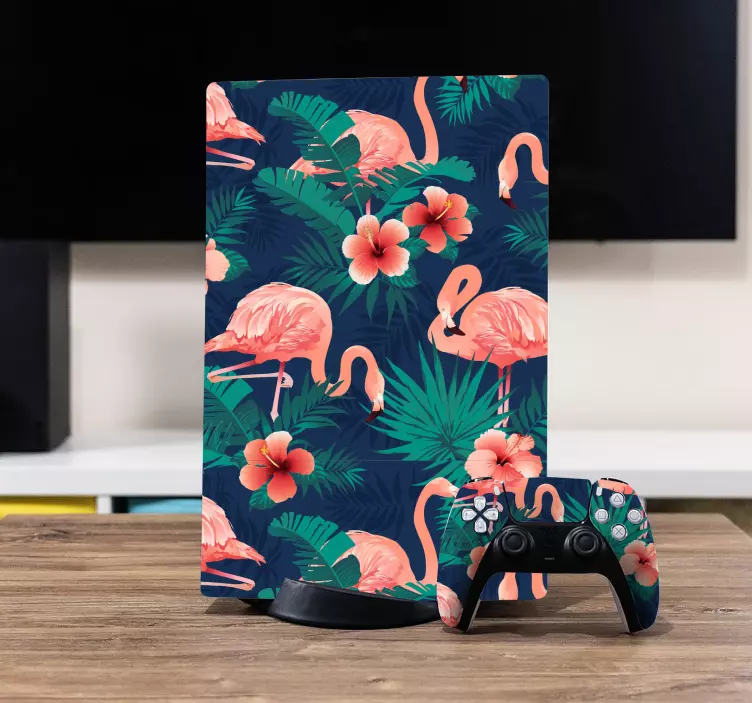 Sticker PS5 motif tropical de flamants roses - TenStickers