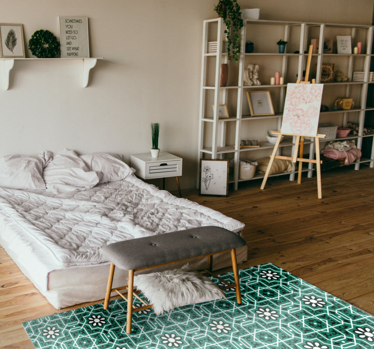 Tapis cuisine tuiles florales vertes - TenStickers