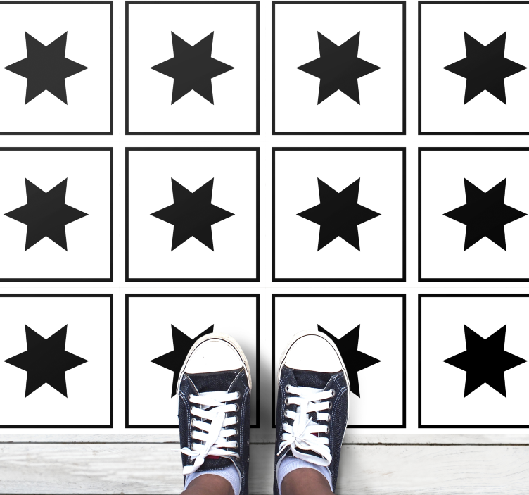Tapis vinyle carreaux blancs avec étoile noires - TenStickers