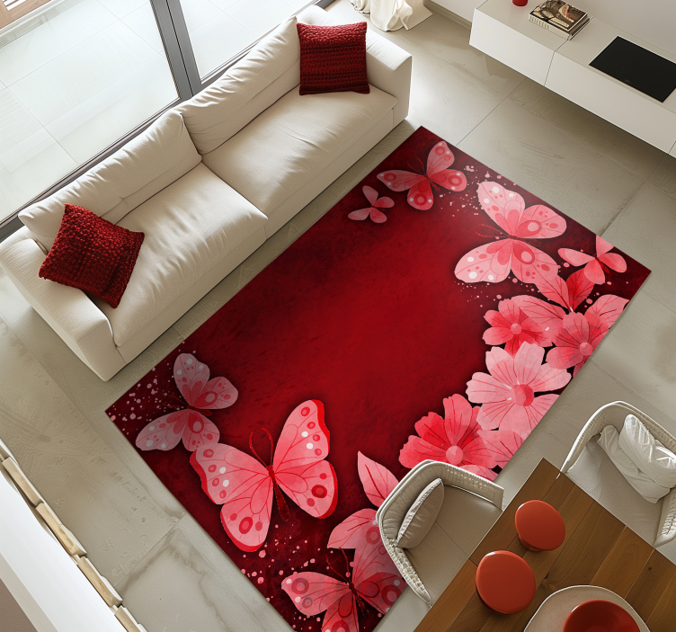 Tapis vinyle rouge conception de fleurs et de papillons - TenStickers