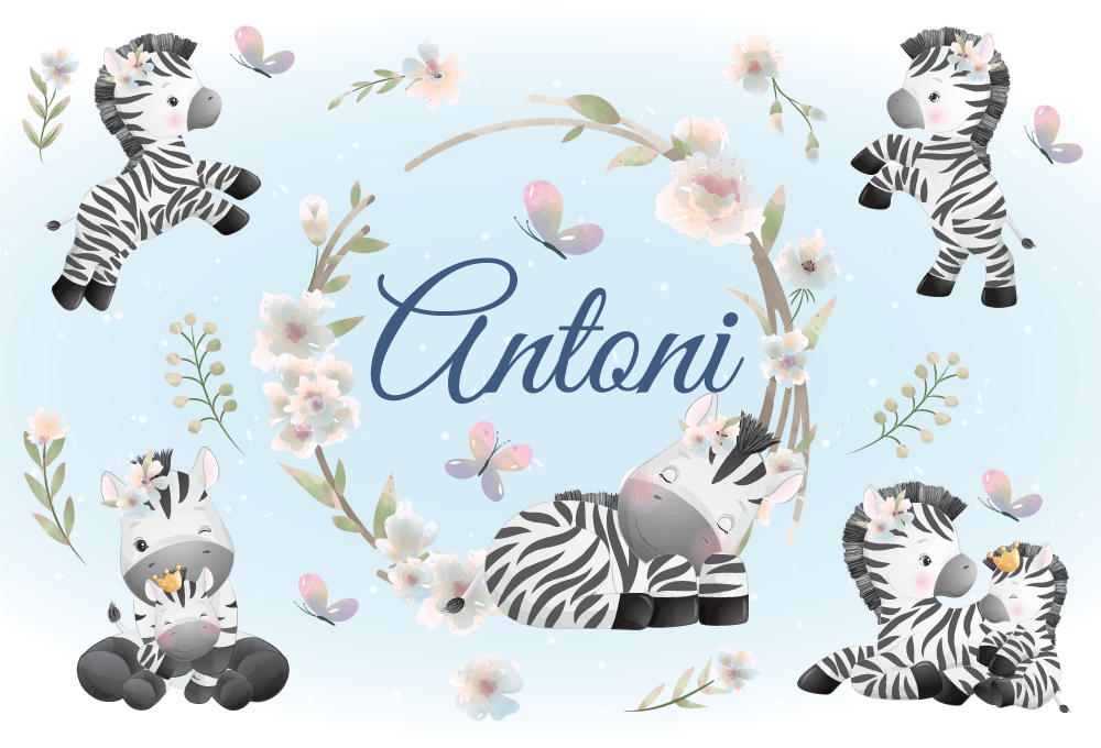 Tapis vinyle animal bébés zèbres avec prénom - TenStickers