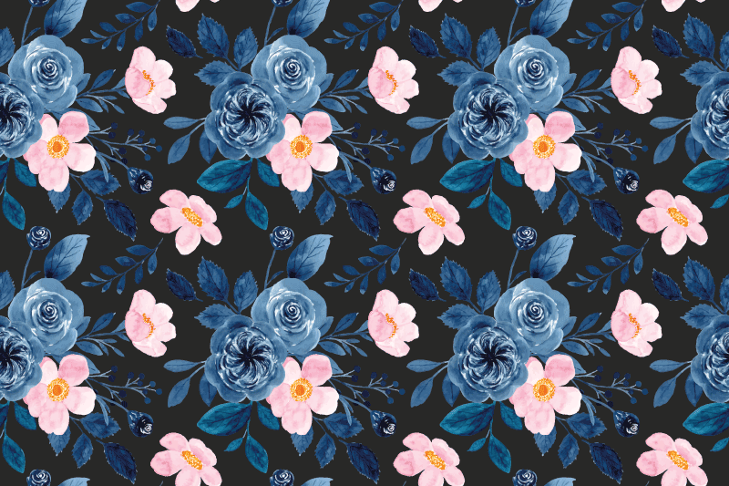 Tapis vinyle plantes motif bleu et rose sur fond noir - TenStickers