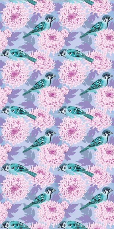 Tapis vinyle plantes fleurs de jardin roses et oiseaux - TenStickers