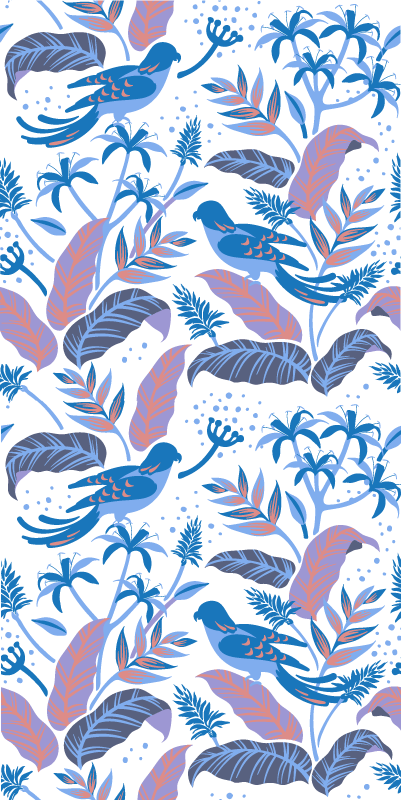 Tapis vinyle plantes oiseaux bleus et roses sur feuilles - TenStickers