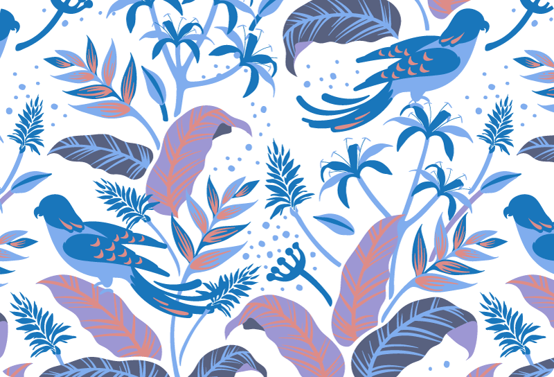 Tapis vinyle nature oiseaux bleus et roses sur feuilles - TenStickers