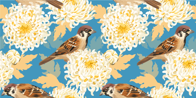 Tapis vinyle plantes motif oiseaux et feuilles aquarella - TenStickers