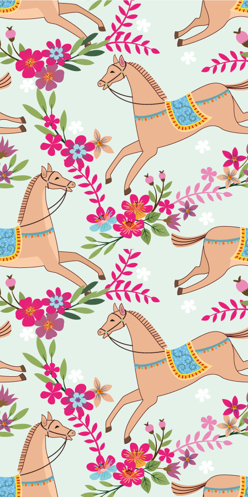 Tapis vinyle chambre motif chevaux fleurs roses - TenStickers