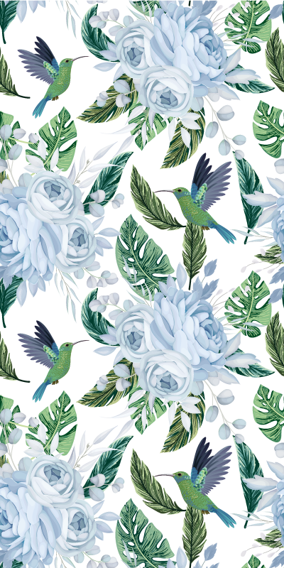 Tapis vinyle cuisine fleurs de jardin bleues et oiseaux - TenStickers