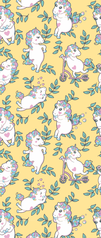 Tapis vinyle chambre motifs de licornes et feuilles vertes - TenStickers