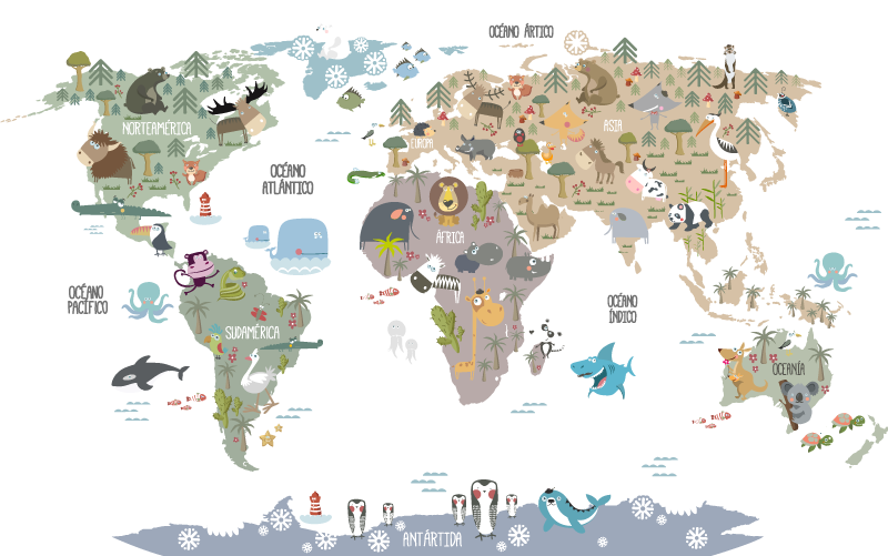 Tapis vinyle carte du monde animaux tons pastel - TenStickers