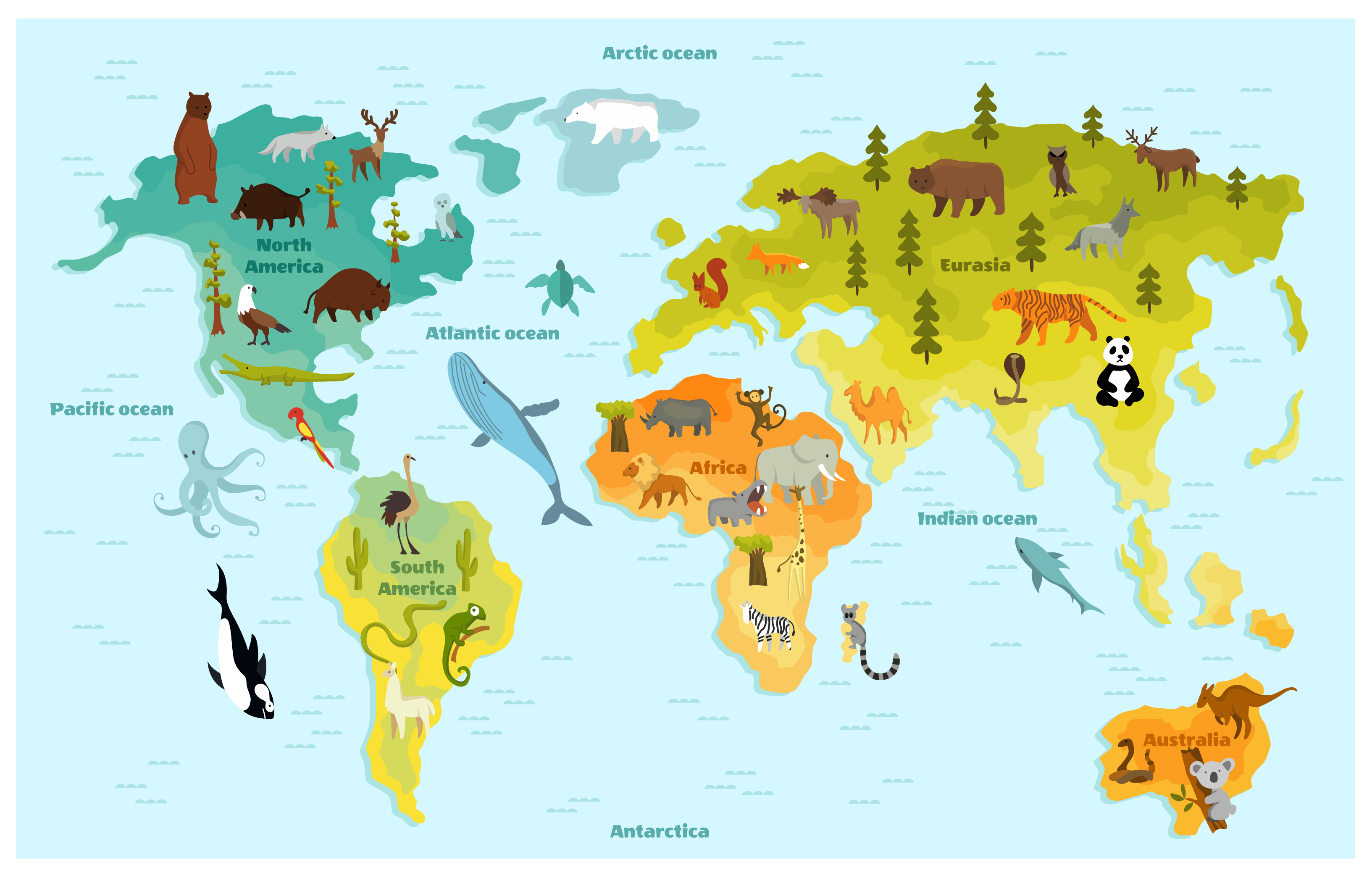 Tapis vinyle carte du monde Animal - TenStickers