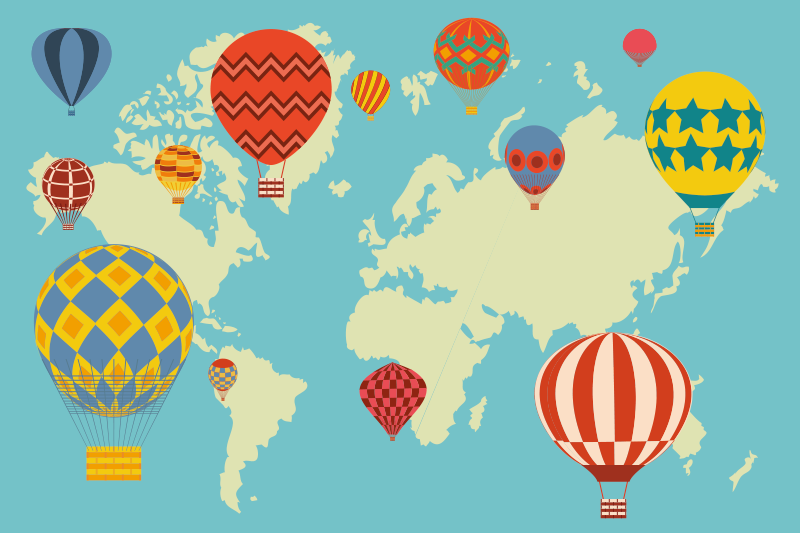 Tapis vinyle carte du monde montgolfières colorées - TenStickers