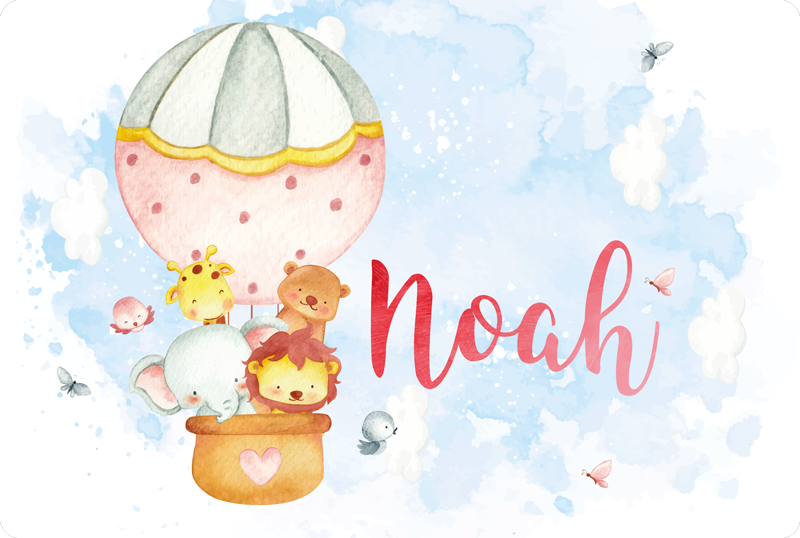 Tapis vinyle bébé aventure en montgolfière avec nom - TenStickers