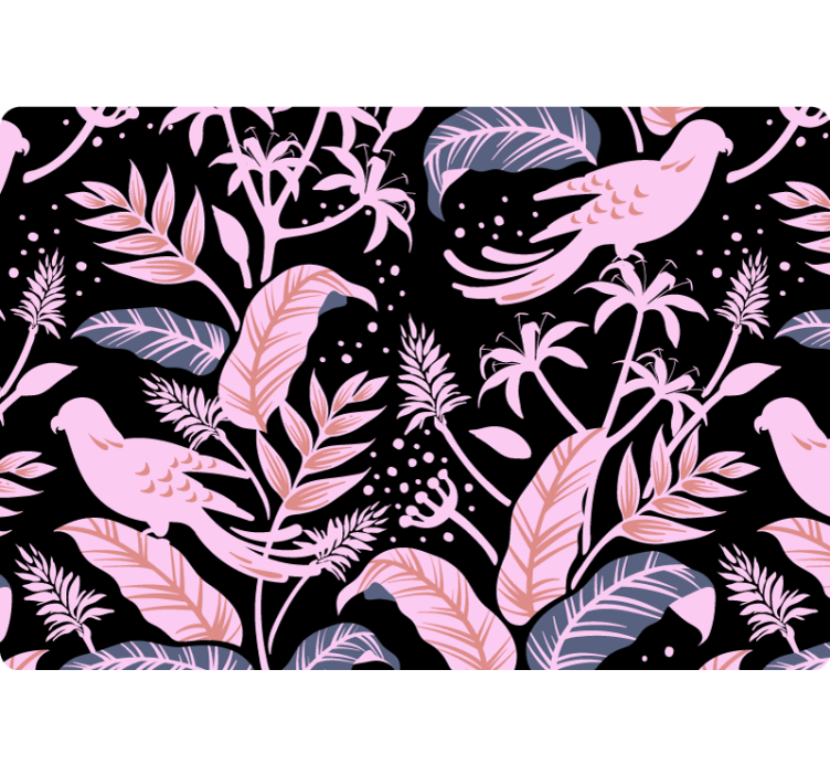 Papier peint nature oiseaux noirs et roses sur feuilles - TenStickers