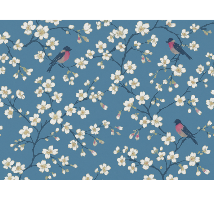 Papier peint floral oiseaux des vergers bleus - TenStickers