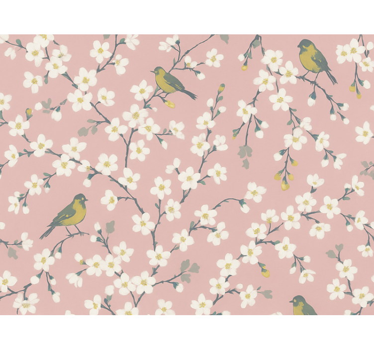 Papier peint floral oiseaux du verger roses - TenStickers