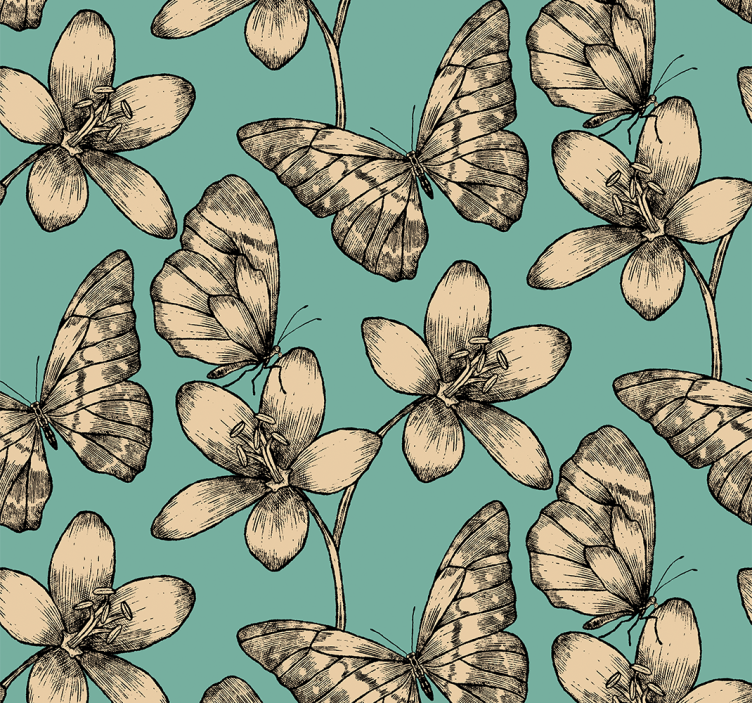 Papier peint papillon fleurs beiges sur fond bleu - TenStickers