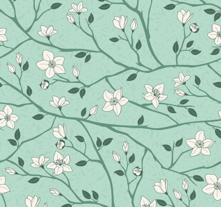 Papier peint vert branches fleuries - TenStickers