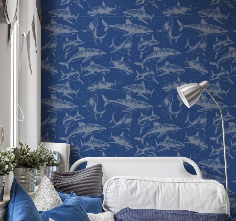 Papier peint chambre bleu requins - TenStickers