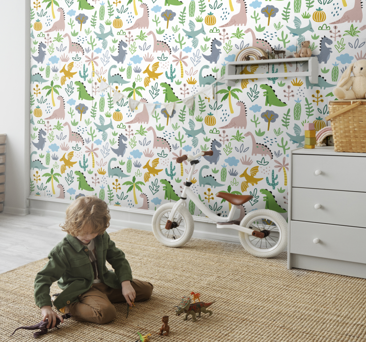 papier peint dinosaures motif jurassique scandinave - TenStickers