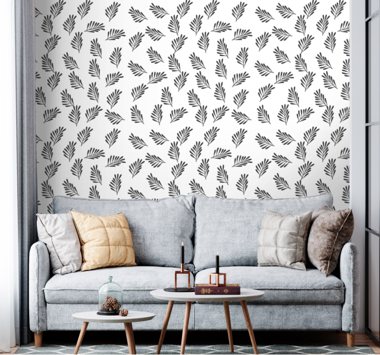 Papier peint feuilles motif simple noir et blanc - TenStickers