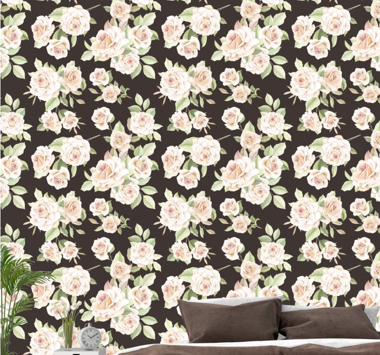 Papier peint fleur Rose blanche fond noir - TenStickers