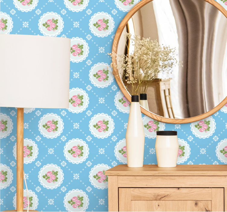 Papier peint fleurs motif de carrelage bleu vintage - TenStickers