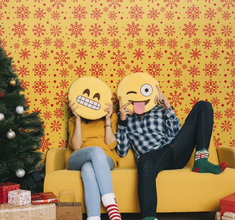 Papier peint noel flocons de neige rouges sur fond jaune - TenStickers