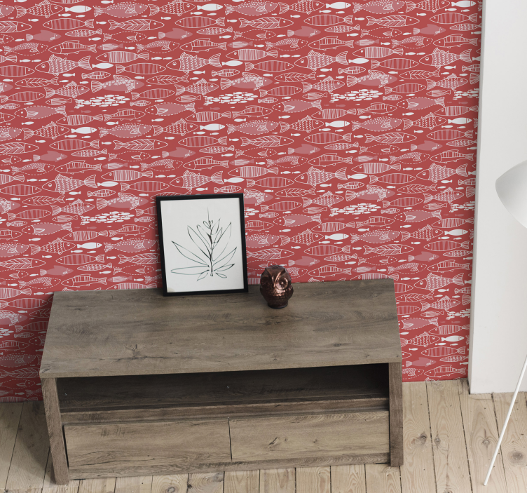 Papier peint rouge et poissons dessinés main - TenStickers