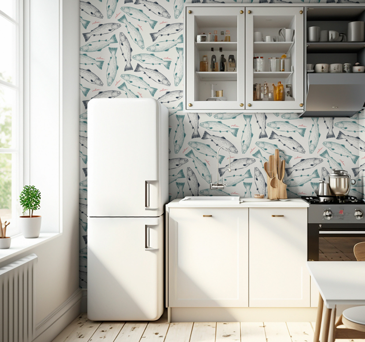 Papier peint cuisine saumons gris dessinés à la main - TenStickers